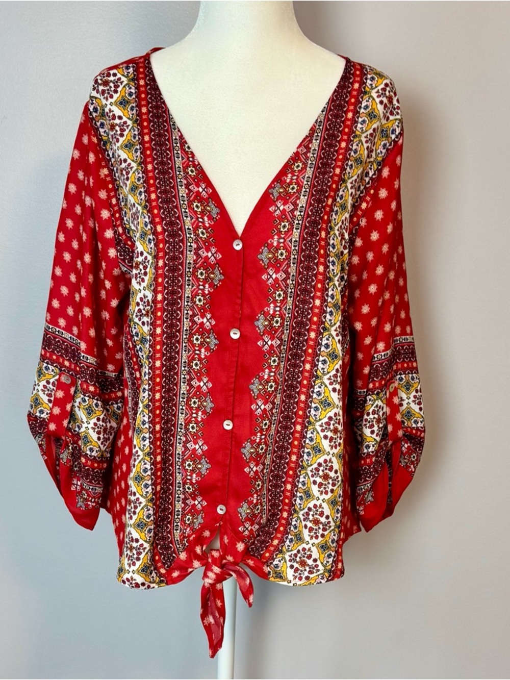 West Kei Red Patterned V-Neck Button Tie-Front Blouse